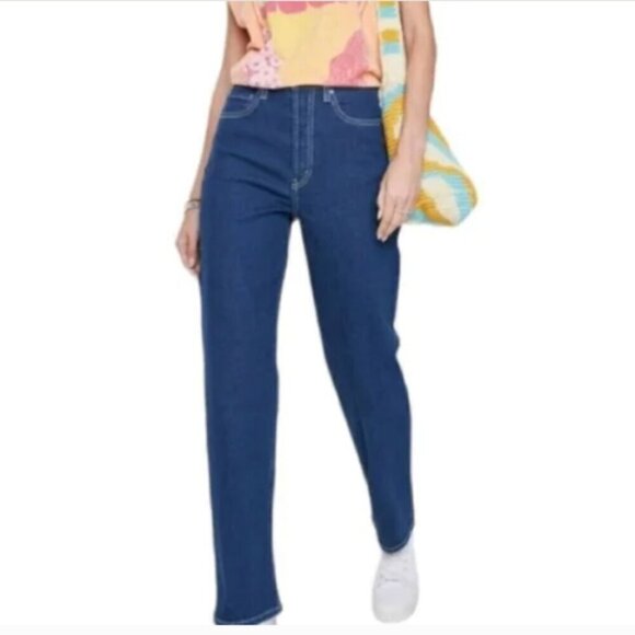 NWT Wild Fable Super High Rise Contrast Stitch Straight Leg Jeans Dark Wash - Picture 4 of 5